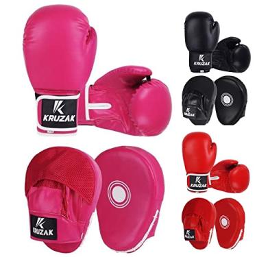 Imagem de Kruzak Conjunto de luvas simples de foco e luvas de boxe para treinamento de kickboxing e Muay Thai MMA - Kit de fitness com almofadas de perfuração para artes marciais e karatê - rosa - 283 g