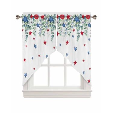Imagem de Cortinas Dia da Independência folha de eucalipto swag saia folhas verdes azul vermelho estrelas floral Memorial Day cortinas de cozinha recortado tratamento de janela sanefas para sala de estar, 71 cm