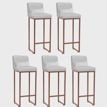 Imagem de Kit 05 Banqueta Alta com Encosto Lucca Industrial Cozinha Balcão Ferro Bronze Corino Branco e Almofada Branco - Ahz Móveis