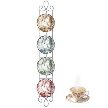 Imagem de Blulu 1 suporte de exibição de xícara de chá e pires de 91 cm x 12 cm, suporte vertical de 4 níveis, para chávenas e pratos, suportes decorativos para chávenas de café da China, casa de fazenda