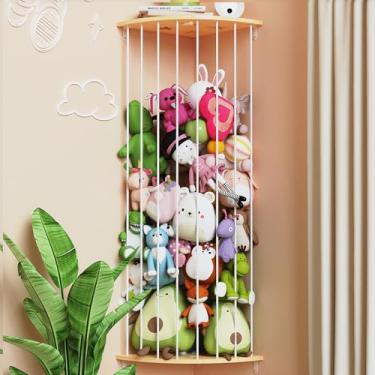 Imagem de Happnear Armazenamento de animais de pelúcia com padrão de estrela, canto de madeira, organizador de armazenamento de brinquedos de pelúcia de comprimento ajustável para quarto de bebê, quarto de