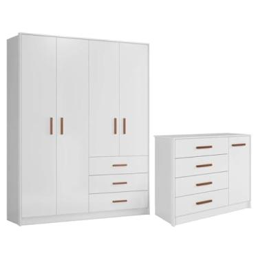 Imagem de Conjunto Quarto de Bebê Pérola, Guarda Roupa 4 Portas 3 Gavetas e Cômoda 4 Gavetas, Branco, (Branco)