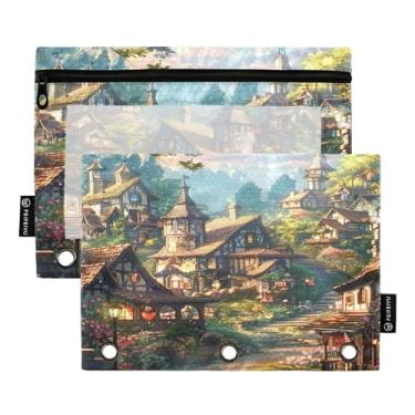 Imagem de Uma pintura de conto de fadas de uma aldeia bolsas transparentes para fichários de 3 anéis, conjunto de 2 materiais escolares a granel para crianças, adolescentes e adultos