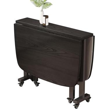 Imagem de Mesa de cozinha dobrável - Mesa de jantar de folha de queda extensível de madeira com rodas, design móvel e compacto ideal para lounge, cafeteria ou restaurante, preto, 100x60cm