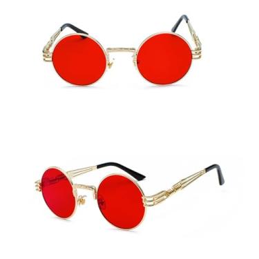 Imagem de VFDHN Óculos de sol vintage retrô gótico steampunk espelhado vintage redondo masculino UV400 (dourado transparente vermelho)
