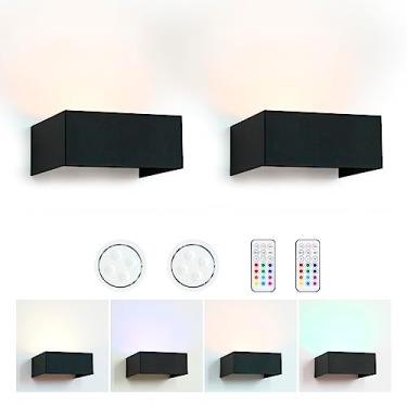 Imagem de HEQIQEH Conjunto De 2 Arandelas Rgb Modernas Operadas Por Bateria, Luminária Parede Led Interna Com Controle Remoto, Luminárias Sem Fio Reguláveis Metal Preto Para Corredores, Entradas E Galerias