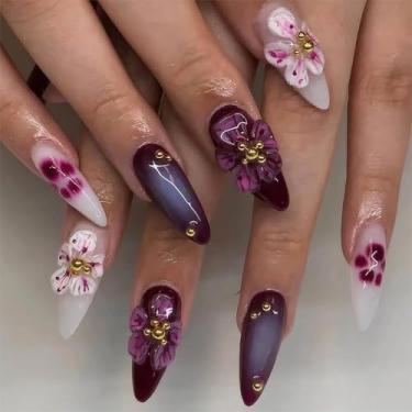 Imagem de RTKHFZE Unhas Postiças Amendoadas - Curtas Degradê Roxas Com Flor 3D E Desenhos Fofos De Patas Gato, Cobertura Total, Bastão Acrílico Para Manicure Feminina