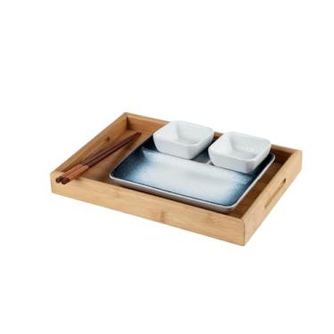 Imagem de Prato de jantar delicado retangular de cerâmica doméstica estilo japonês - conjunto de jantar para uma pessoa (azul escuro com pontos brancos grossos)