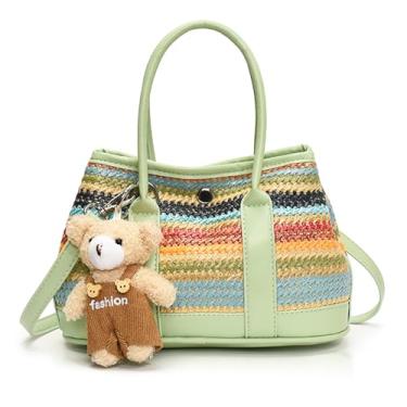 Imagem de QTKJ Bolsa de praia de palha para mulheres, sacola colorida de grande capacidade, com chaveiro fofo, bolsa para férias, viagens, diariamente (estilos 307