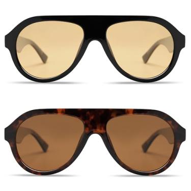 Imagem de VANLINKER Óculos de sol retrô aviador polarizado para homens e mulheres, óculos de sol com armação de plástico vintage anos 70 VL9750, 2 peças - preto/amarelo + marrom tartaruga/marrom, Medium