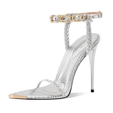 Imagem de Sapato feminino preto com corrente dourada, tira no tornozelo, bico fino, salto alto stiletto para eventos formais, casamentos, festas e uso noturno, Cobra prata, 36