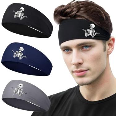 Imagem de FACITE Faixas de suor masculinas, 3 peças, faixas de cabelo para homens, mulheres, treino, refrescamento, corrida, esportes, faixas de cabeça com estampa de esqueleto de caveira, faixas de cabelo