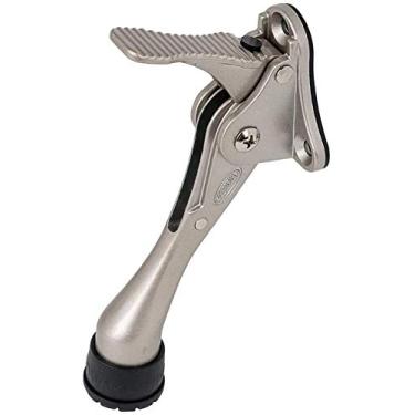 Imagem de CG PLUS Batente de porta, semiautomático de um toque – Rolha de porta de metal de 10 cm, com ponta de borracha antiderrapante para pisos de madeira, concreto, azulejo e carpete - níquel acetinado pacote com 2