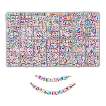 Imagem de MELIUS Contas de letras quadradas acrílicas, 1120 peças, 6 x 6 mm, em ordem alfabética, contas de letras coloridas A-Z com números para fazer joias, pulseiras DIY, chaveiros (6 x 6 mm, multicoloridos)
