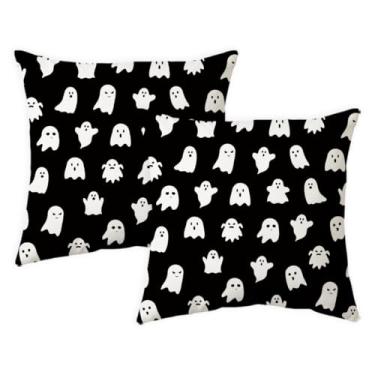 Imagem de MAZSHTTD Capas de travesseiro pretas de Halloween 45,7 x 45,7 cm, conjunto de 2 capas de travesseiro Boo Ghost para ambientes internos e externos, para sofá, cama, sala de estar, decoração de