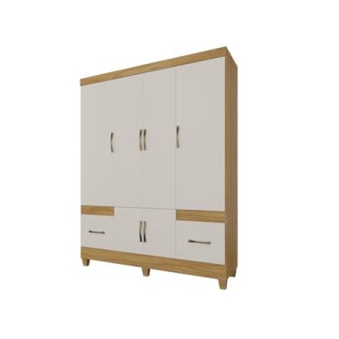 Imagem de Guarda Roupa 6 Portas com 2 Gavetas Armário Grande para Quarto com Cabideiro Prateleiras e Puxadores Modernos (Freijo/Off White)