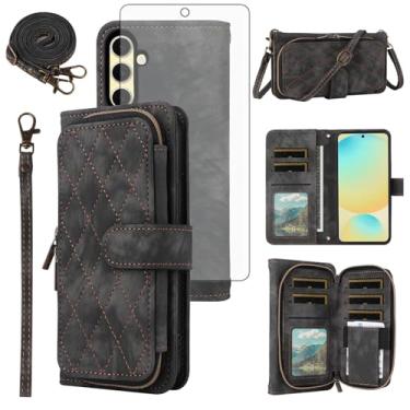 Imagem de Capa de celular para Samsung Galaxy S24 FE 5G carteira celular com protetor de tela de vidro temperado alça transversal alça flip suporte zíper bolsa porta-cartão slot TPU S 24 EF AI S24FE 24S