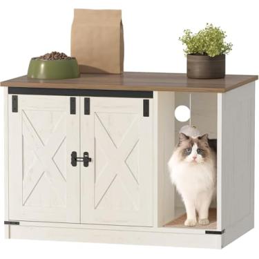 Imagem de Hzuaneri Caixa de areia para gatos, móveis de armário de caixa de areia oculta com sino, casa de gatos interna, estilo casa de fazenda, 81,5 x 19,7 x 20,9 polegadas, para corredor, quarto, marrom