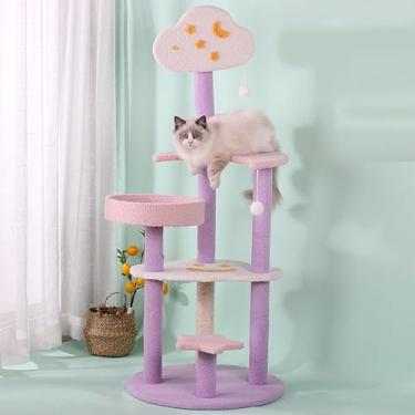 Imagem de Poste para arranhar gatos, torre de árvore de gato, cama de estrela de nuvem, 119 cm, ninho de gato com brinquedos de brinquedo para gatos, aconchegante e fofo, 3 pilares, gatinho escalando, atividade
