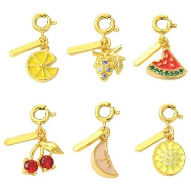 Imagem de UR URLIFEHALL 6 berloques de frutas de zircônia cúbica, 6 estilos, cereja, limão, uva, comida, doce, pingentes para fazer você mesmo, pulseira, colar, joias