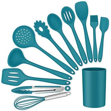 Imagem de LIANYU Conjunto de utensílios de cozinha de silicone de 12 peças com suporte, utensílios de cozinha incluem espátula com fenda, espátula, espátula, concha e batedor de pinça, pode ser lavado na
