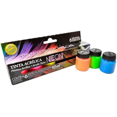 Imagem de 6 Potinhos Tinta Acrílica Neon Nature Colors Acrilex 10ml - Cores Variadas Amarelo, Azul, Laranja, Maravilha, Verde E Vermelho Tinta É Fluorescente Sob Luz Negra Indicada Para Uso Em Madeira, Papel, Cerâmica, Isopor, Couro, Gesso, Cortiça, Vidro E Pet, Esta Tinta Proporciona Excelente Cobertura, Sec