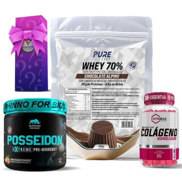 Imagem de Kit Whey Protein Chocolate Alpino + Colágeno 120 Cápsulas Vitamax + Pré Treino Posseidon-Unissex