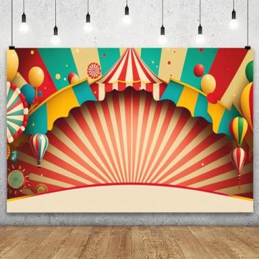 Imagem de Cenário temático de circo, 4,6 x 3 m, barraca listrada colorida, balões de parque de diversões, fundo fotográfico, chá de bebê, aniversário, carnaval, festa, bandeira, retratos infantis, sessão de