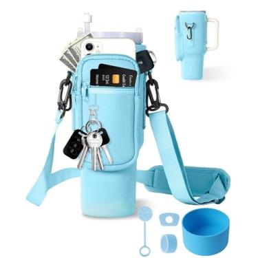 Imagem de Bolsa de transporte para garrafa de água com bolso para celular Stanley 1,134 g, bolsa isolada de neoprene para garrafa de água com alça ajustável com tampa de canudo e mosquetão para acessórios de