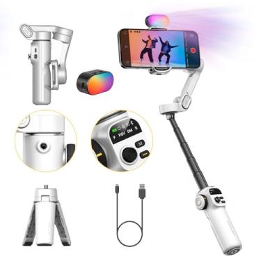 Imagem de AOCHUAN Estabilizador de suspensão cardan para iPhone com luz de preenchimento magnético RGB, gimbal dobrável com haste de extensão de 2,8 cm e tela OLED para vlogging e filmagem, compatível com