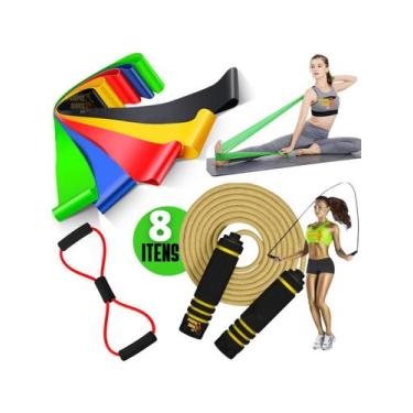 Imagem de Kit 8 Itens Elásticos Treino Thera Band Corda De Pular Faixa - NoBrand