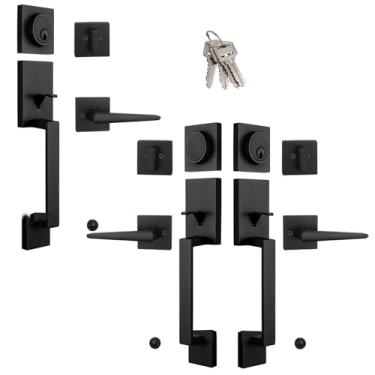 Imagem de HISAFE Conjunto de maçaneta de porta dupla com chave igual e conjunto de maçaneta única, fechadura externa Halifax preta fosca com fechadura e alavanca, canhoto e direito