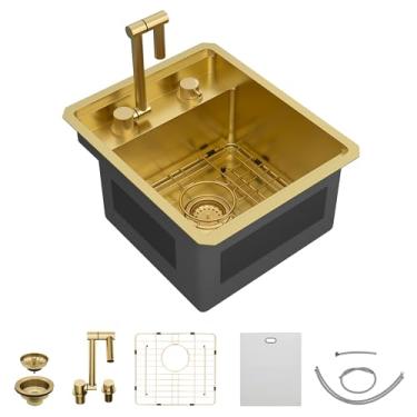 Imagem de Fulorni Pia de cozinha pequena de 38 cm x 43 cm – Pia de tigela única de aço inoxidável 304 de aço inoxidável escovado NANO-PVD com torneira dobrável, para trailer, campista, casa móvel, bar molhado