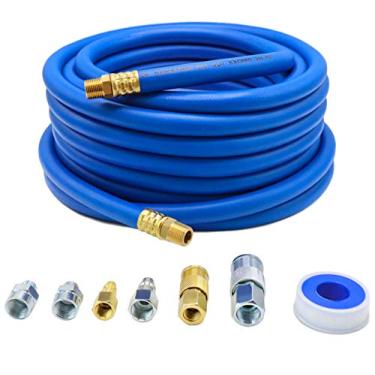 Imagem de Mangueira de ar híbrida YOTOO 1,27 cm por 1,27 m 300 PSI resistente, leve, resistente a dobras, flexibilidade para todos os climas com ajustes de acoplamento rápido industrial de 1,9 cm e 1,27 cm, restrições de dobra, azul