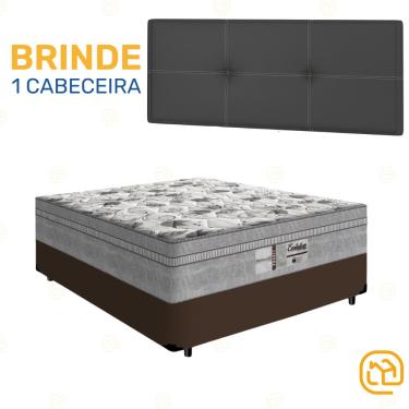 Imagem de Box Casal Marrom + Cabeceira Painel Iris Preta + Colchão de Molas Evolution 138cm