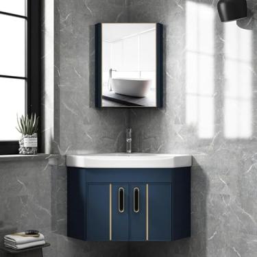 Imagem de Pia De Banheiro De Montagem Em Parede Pequena, Armário De Pia De Banheiro Flutuante De Montagem Em Parede Pequena, Mini Pia De Banheiro De Canto De Banheiro Moderno, Para Ban, Blue, Set2-56cm