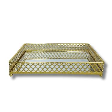 Imagem de Bandeja Espelhada de Metal Luxo Retangular Estampa Colmeia para Perfumes, Cosméticos e Decoração (Dourada)