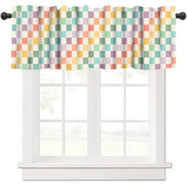 Imagem de Cortinas Check Valance Coloridas Gradiente Padrão Grade Tratamento Janela Sanefa Cortinas Curtas Rod Pocket Drape para Cozinha, Café, Sala de Jantar, Decoração de Casa de Fazenda, 137 x 45 cm