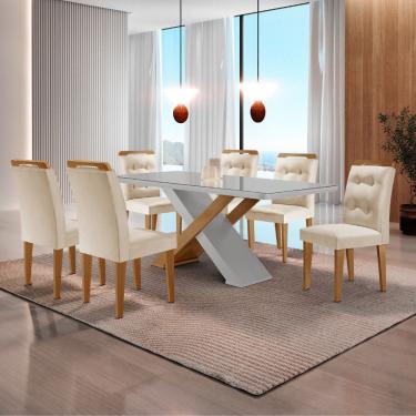 Imagem de Mesa Sala De Jantar Carol 180cm E 6 Cadeiras Carol Moderna Veludo Creme/off White/imbuia