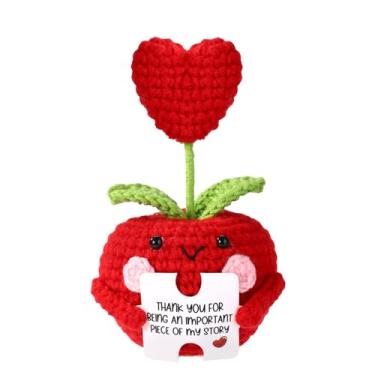 Imagem de Maçã Positiva, Maçã Crochê Macia Feita à Mão com Coração Boneca Pelúcia Emocional Apoio Positivo com Cartão Mensagem Presentes Motivacionais e Decorações para Escritório Casa Sala Estar