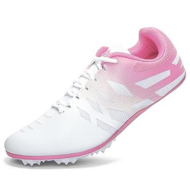 Imagem de Novo tênis de corrida masculino feminino infantil meninos meninas 8 spikes 100-400 metros tênis esportivo profissional Sprint, Branco e rosa, 8