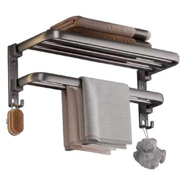 Imagem de Porta Toalha Suporte Banho Toalheiro Retrátil Banheiro Duplo Adesivo Metal Premium 59x16x22 cm (PRETO)