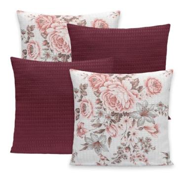 Imagem de Kit 4 Capas Piquet P/Almofadas 40x40 Com Zíper Lisas e Estampadas (Roseira - Vinho)