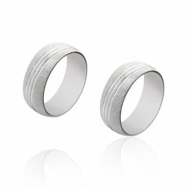 Imagem de Par de Alianças de Prata diamantadas com friso 6 mm e 10g - JoiaUnica