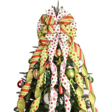 Imagem de Topper de árvore de Natal, arco de guirlanda, grande, verde, enfeite de árvore, 114 x 33 cm, fita de poliéster com pontos vermelhos e verdes para decoração de Natal, Natal, casa, casamento, ação de