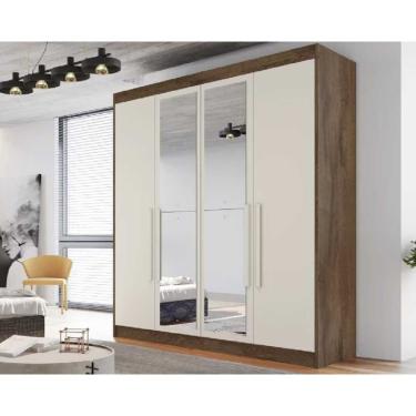 Imagem de Guarda Roupa Solteiro 4 Portas (2 c/ Espelho) e 3 Gavetas Nantes Brauna-Ipe/Off White - Europa