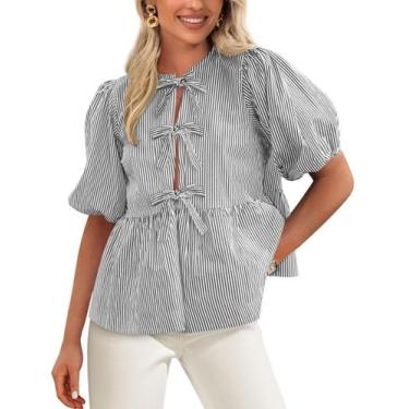 Imagem de Blusa feminina PRETTYGARDEN com gravata frontal listrada 2025 preta S