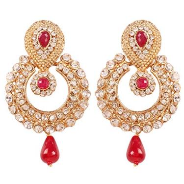 Imagem de Touchstone Brincos femininos indianos Bollywood Chandbali Moon Kundan Polki Look Strass com gota para pendurar joias de designer para noivas em tom dourado, Strass, Sem pedra preciosa