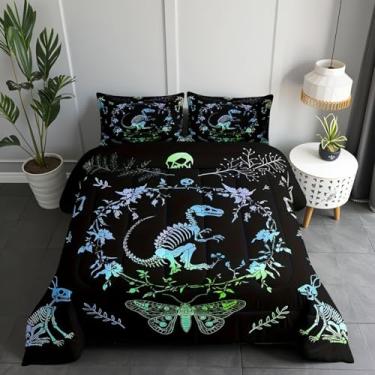 Imagem de Castle Fairy Conjunto de edredom solteiro, dinossauro, animais selvagens, esqueleto, borboleta, coleção de cama macia, boêmia, flores e folhas, para decoração de quarto de meninos e meninas, 2 peças