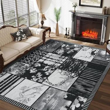 Imagem de Zhangui Tapete vintage cinza e branco 20 x 25 - Tapetes geométricos para sala de estar, tapete floral para quarto, tapete ondulado lavável, tapete xadrez cinza carvão para cozinha